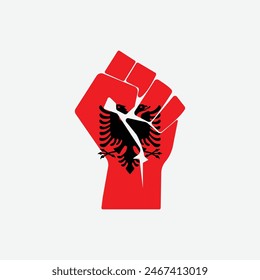 Flag of Albania in the shape of raised hand sign isolated on background. Fist symbol modern, simple, vector, icon for website design, mobile app, ui. Vector Illustration