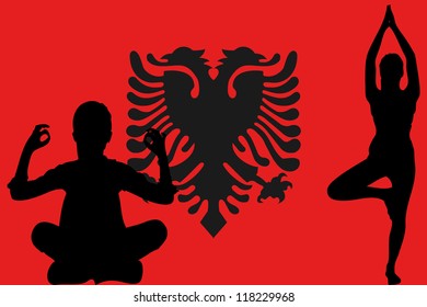 The flag of Albania with yoga silhouettes