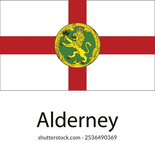 A bandeira de Alderney, uma Dependência da Coroa Britânica. Possui uma cruz vermelha sobre um fundo branco, semelhante à bandeira da Inglaterra, com um círculo verde no centro representando um leão dourado. 