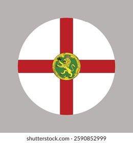 The flag of Alderney , a British Crown Dependency. It features a red cross on a white background, similar to the flag of England, with a green circle in the center depicting a golden lion. 