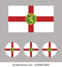 The flag of Alderney , a British Crown Dependency. It features a red cross on a white background, similar to the flag of England, with a green circle in the center depicting a golden lion. 