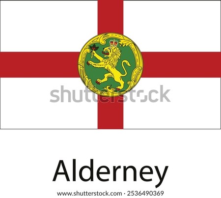 The flag of Alderney, a British Crown Dependency. It features a red cross on a white background, similar to the flag of England, with a green circle in the center depicting a golden lion. 