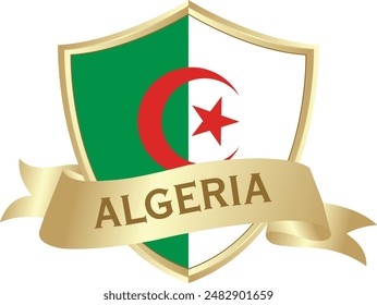 Flag of algeria as around the metal gold shield with algeria flag