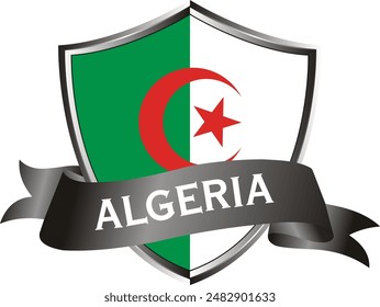 Flag of algeria as around the metal silver shield with algeria flag