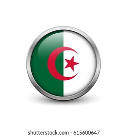 Flag of Algeria, button with metal frame and shadow