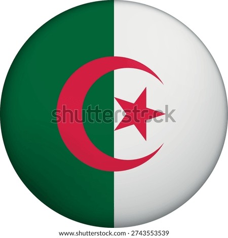 Flag of Algeria. Glossy circular flag. Button appearance. 3D Icon Design with depth. Professional, tactile look. Perfect for representing national identity in digital interfaces and perfect for websites.