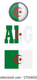 The flag of Algeria icon is set on a white background. Vector image: flag of Algeria, the button and the abbreviation. You can use it to create a website, print brochures, booklets, leaflets,guidebook