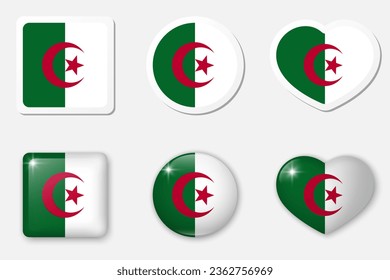 Flag of Algeria icons collection. Flat stickers and 3d realistic glass vector elements on white background with shadow underneath.