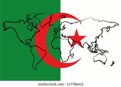 The flag of Algeria with the outline of the world