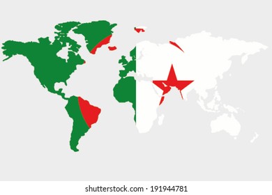 The flag of Algeria in the outline of the world