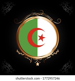 Flag of Algeria round icon with gold Circle Frame, badge or button. Algeria national symbol. Vector illustration.