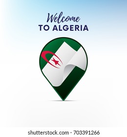 Flag of Algeria in shape of map pointer or marker. Welcome to Algeria. Vector illustration.