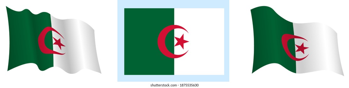 flag of algeria in static position and in motion, fluttering in wind in exact colors and sizes, on white background