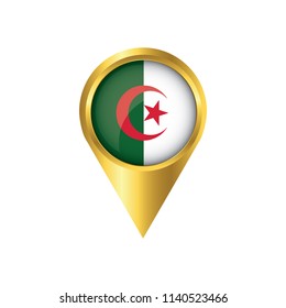 Flag of Algeria.symbol check in Algeria, golden map pointer with the national flag of Algeria in the button. vector illustration.