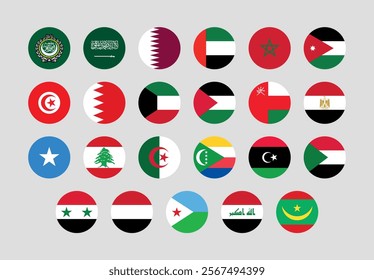 Flag of All Arab League member countries. Arab League countries round flag Bundle.