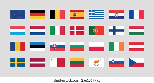 Flag of All European Union member countries. European Union countries flag Bundle.