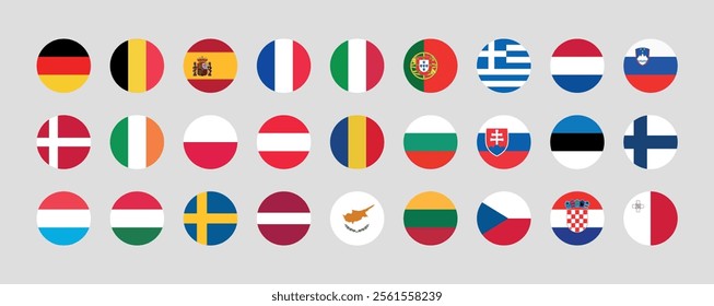 Flag of All European Union member countries. European Union countries Round flag Bundle.