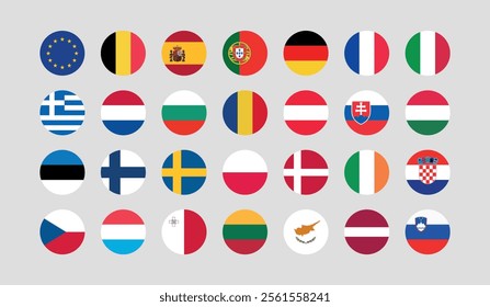 Flag of All European Union member countries. European Union countries Round flag Bundle.