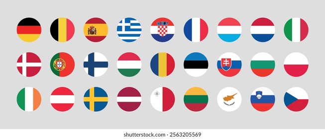 Flag of All European Union member countries. European Union countries Round flag Bundle.