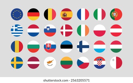 Flag of All European Union member countries. European Union countries Round flag Bundle.