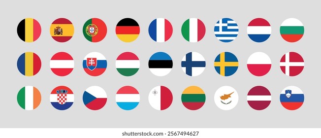 Flag of All European Union member countries. European Union countries Round flag Bundle.