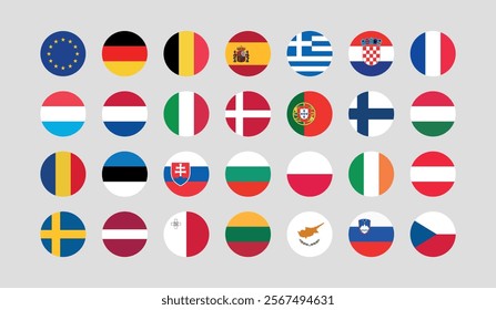 Flag of All European Union member countries. European Union countries Round flag Bundle.