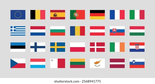 Flag of All European Union member countries. European Union countries flag Bundle.