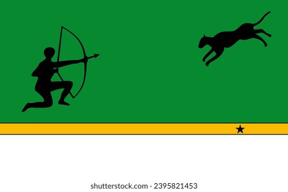 Flag of Amazonas Department (Republic of Colombia, South America) indigenous warrior charging a bow and arrow, a pouncing jaguar, and a five-pointed star