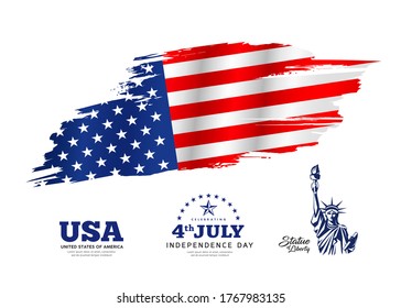 Flag of america, brush stroke design, independence day, with statue of liberty, banners background, vector illustration