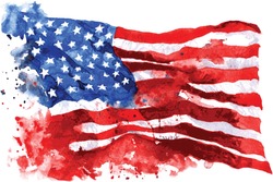 Flagge Amerikas, Handgezeichnet Aquarell Auf Weißem Hintergrund