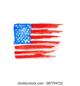 Flag of America, hand-drawn watercolor on white background