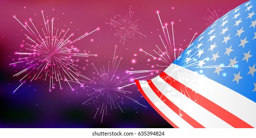 Flag of america on a background of a dark sky with a festive salute. Illustration for your design. Fourth of July. Day of independence. USA