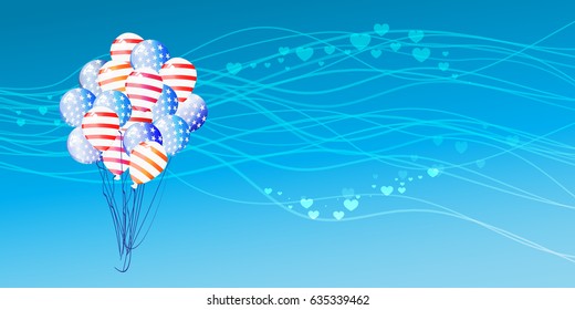Flag of America on balloons fly up the sky. Illustration for your design. Fourth of July. Day of independence. USA