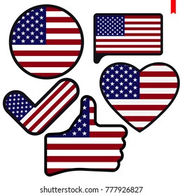 Flag of America in the shape of Button, Heart, Like, Check mark, flat style, symbol of love for his country, patriotism, icon for Independence Day.