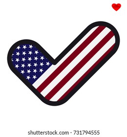 Bandera de Estados Unidos en forma de marca de verificación, aprobación de señal vectorial, símbolo de elecciones, votación.