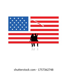 Flag American and Couple looking falling star at night skyline