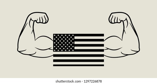 Flag american and hands biceps in flat design, vector