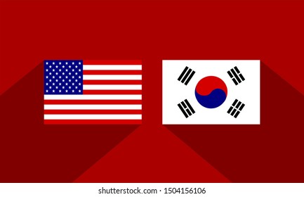 flag of american and south korea on red background