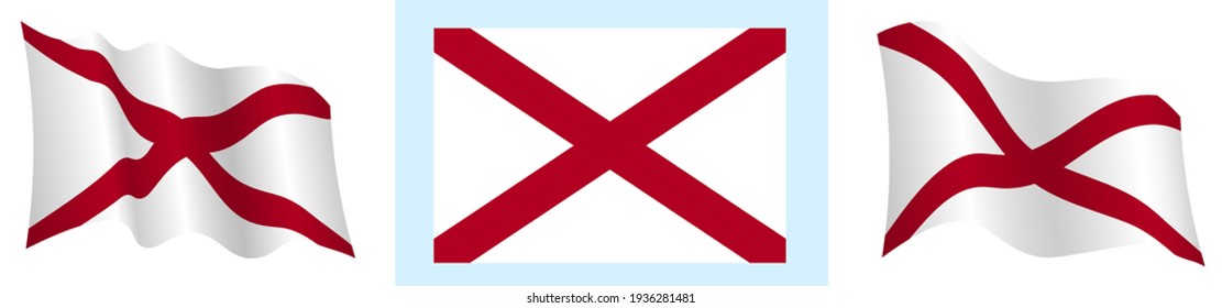 flag of american state of Alabama in static position and in motion, fluttering in wind in exact colors and sizes, on white background