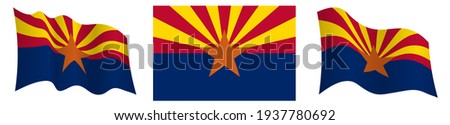 flag of american state of Arizona in static position and in motion, fluttering in wind in exact colors and sizes, on white background