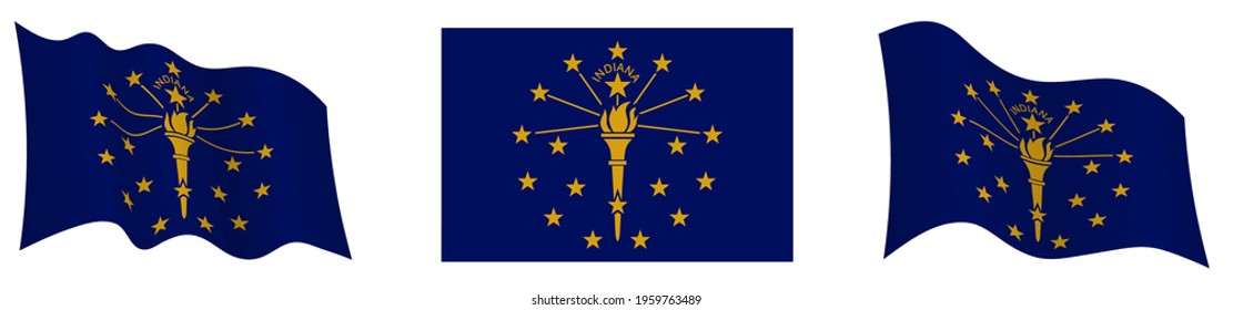 flag of american state of Indiana in static position and in motion, fluttering in wind in exact colors and sizes, on white background