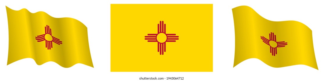 flag of american state of New Mexico in static position and in motion, fluttering in wind in exact colors and sizes, on white background