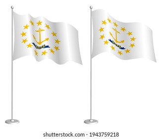 flag of american state of Rhode Island on flagpole waving in wind. Holiday design element. Checkpoint for map symbols. Isolated vector on white background