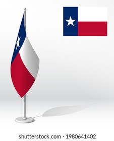 flag of american state of Texas on flagpole for registration of solemn event, meeting foreign guests. Day of state of Texas. Realistic 3D vector on white