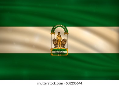 flag of Andalusia, autonomous communities of the Spain, on wavy silk background with bokeh lights. Realistic vector illustration 