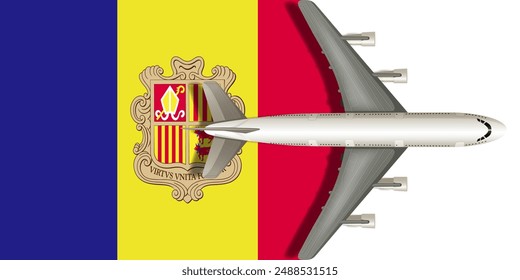 Flag of Andorra with an airplane flying over it close up. Vector image.