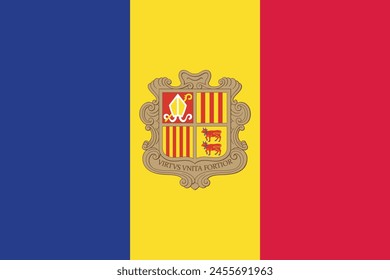 Flag of Andorra. Andorran tricolor with the coat of arms in the center. State symbol of the Principality of Andorra.