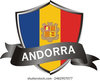 Flag of andorra as around the metal silver shield with andorra flag