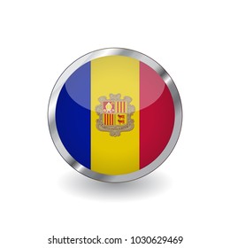 Flag of andorra, button with metal frame and shadow. andorra flag vector icon, badge with glossy effect and metallic border. Realistic vector illustration on white background.