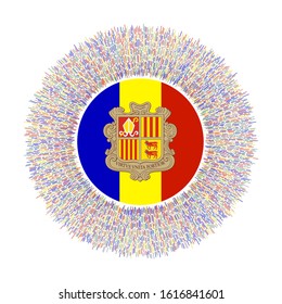 Flag of Andorra with colorful rays. Radiant country sign. Shiny sunburst with Andorra flag. Awesome vector illustration.